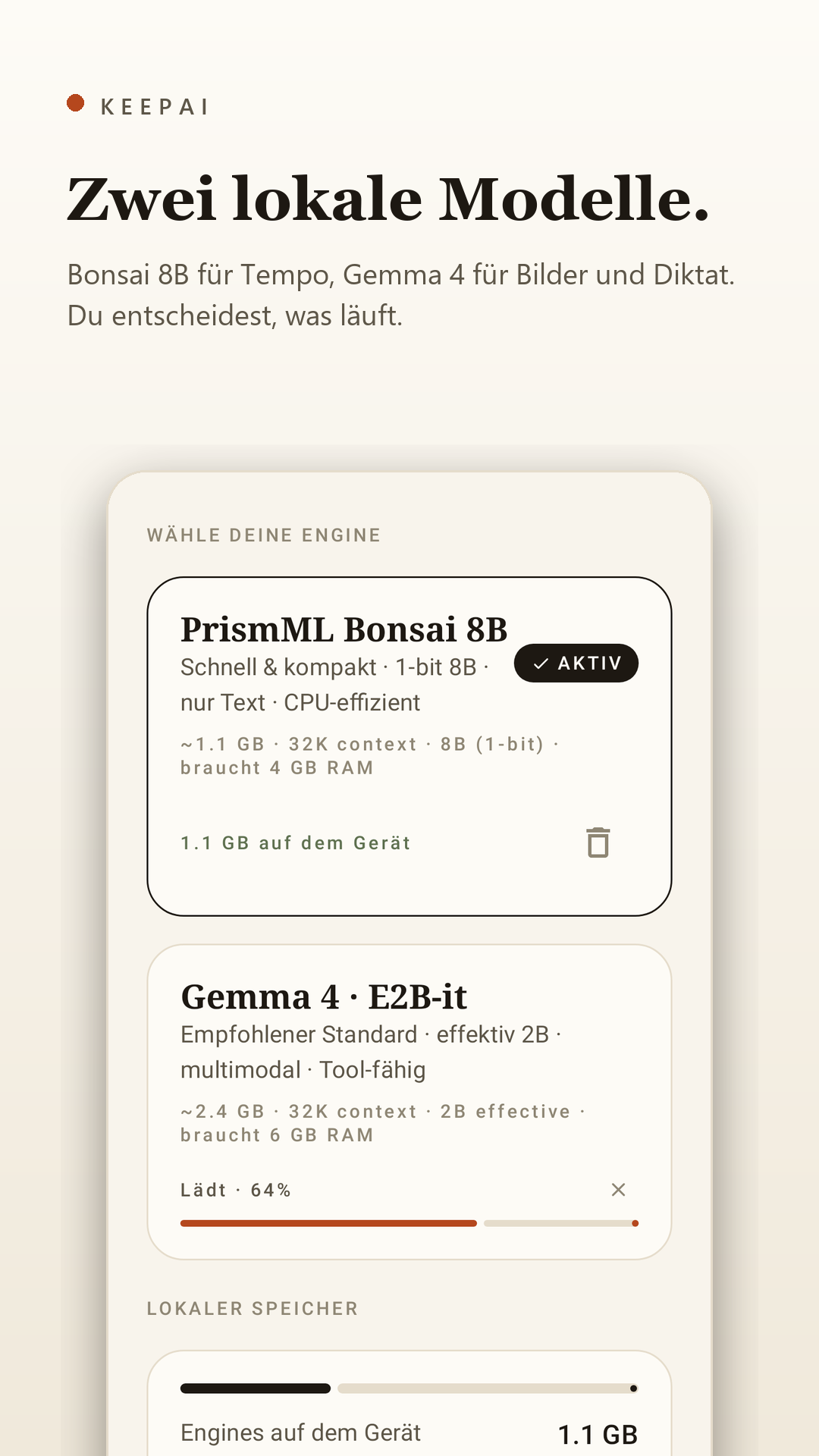 Auswahl der beiden lokalen Modelle mit Speicheranzeige